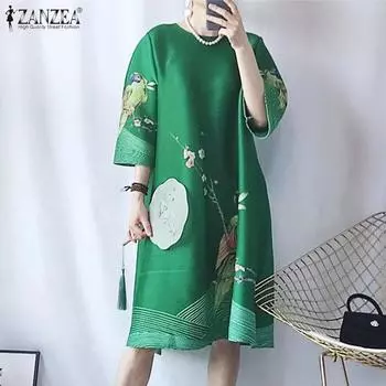 ZANZEA Женское повседневное свободное платье с круглым вырезом и рукавами 3/4 с принтом