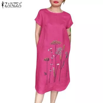 ZANZEA Женское повседневное свободное платье с вышивкой и коротким рукавом с круглым вырезом S темно-зеленого