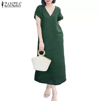 ZANZEA Женское повседневное свободное платье с v-образным вырезом и короткими рукавами