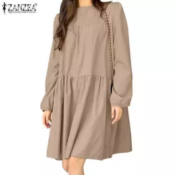 ZANZEA Женское повседневное свободное платье с длинным рукавом и круглым вырезом