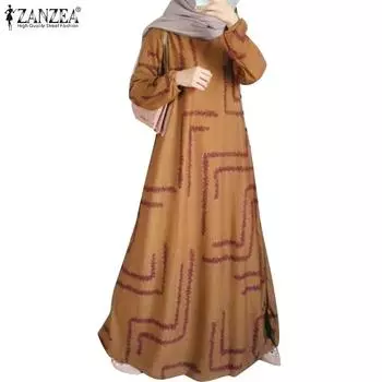 ZANZEA Женское повседневное свободное платье с круглым вырезом и длинными рукавами