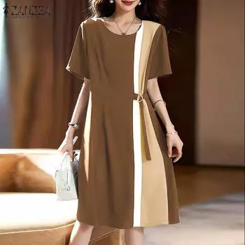 ZANZEA Женское повседневное свободное платье с круглым вырезом и короткими рукавами на бретельках S темно-синий