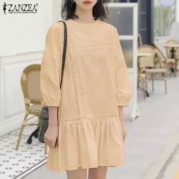 ZANZEA Женское повседневное свободное платье с круглым вырезом и рукавами 3/4, однотонное кружевное платье L светло-синий