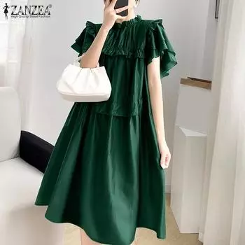 ZANZEA Женское повседневное платье свободного кроя с воротником-стойкой и короткими рукавами 4XL красный