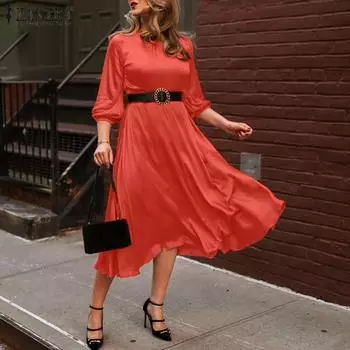 ZANZEA Женское повседневное свободное платье с круглым вырезом и рукавом 3/4 S темно-синий