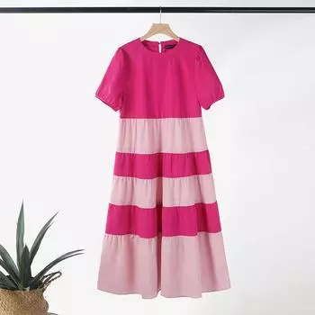 ZANZEA Женское повседневное свободное платье с коротким рукавом в стиле пэчворк с круглым вырезом M чёрный