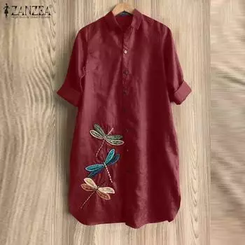 ZANZEA Женское повседневное свободное платье с длинным рукавом с отложным воротником и вышивкой M бежевый