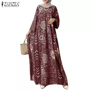 ZANZEA Женское повседневное свободное платье с круглым вырезом и длинными рукавами S зелёный