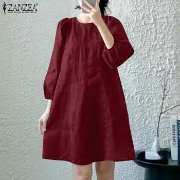 ZANZEA Женское повседневное свободное платье с круглым вырезом и рукавами 3/4 S зелёный