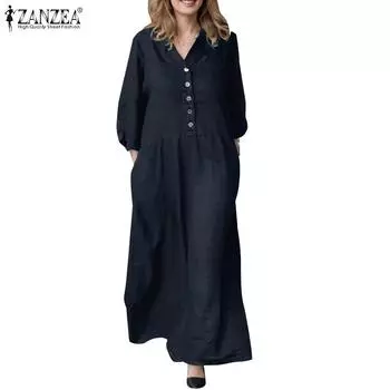 ZANZEA Женское повседневное свободное платье с круглым вырезом и рукавом 3/4 S темно-синий