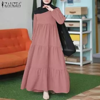 ZANZEA Женское повседневное свободное платье с круглым вырезом и длинными рукавами M чёрный