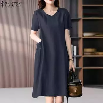ZANZEA Женское повседневное свободное платье с круглым вырезом и короткими рукавами, летнее платье 4XL темно-синий