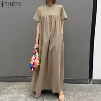 ZANZEA Женское повседневное свободное платье с воротником-стойкой и коротким рукавом 4XL зелёный