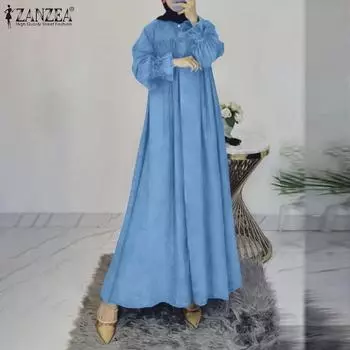 ZANZEA Женское Повседневное Свободное Платье С Длинным Рукавом В Стиле Ретро S темно-синий