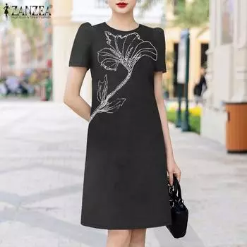 ZANZEA Женское повседневное свободное платье с коротким рукавом в стиле ретро S чёрный