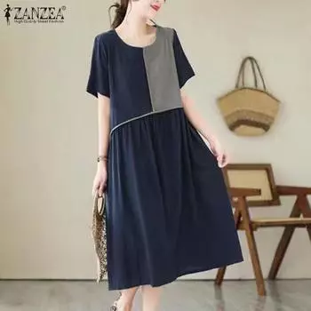 ZANZEA Женское повседневное платье свободного покроя с круглым вырезом и коротким рукавом в стиле колор-блок S темно-синий