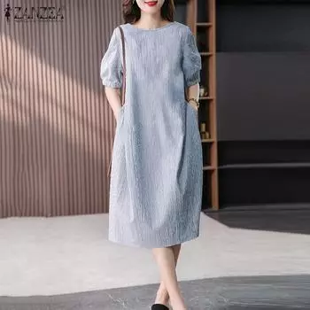 ZANZEA Женское повседневное свободное платье в полоску с круглым вырезом и короткими рукавами L светло-синий