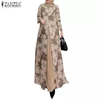 ZANZEA Женское повседневное свободное платье в стиле пэчворк с круглым вырезом и длинными рукавами M зелёный