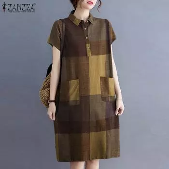 ZANZEA Женское повседневное свободное платье в сетку с коротким рукавом и отложным воротником M жёлтый