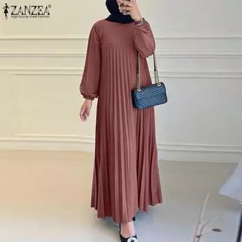 ZANZEA Женское повседневное свободное плиссированное платье с длинным рукавом и круглым вырезом S темно-синий