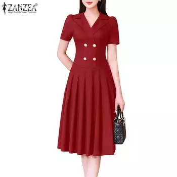 ZANZEA Женское повседневное свободное плиссированное платье с отложным воротником и короткими рукавами S вино красного