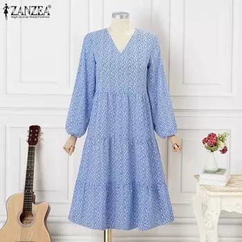ZANZEA Женское повседневное свободное праздничное платье с v-образным вырезом и длинными рукавами