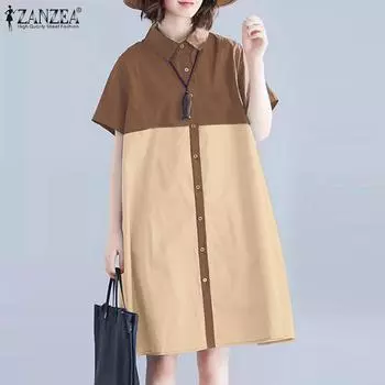ZANZEA Женское повседневное свободное прямое платье с воротником-рубашкой и коротким рукавом M жёлтый