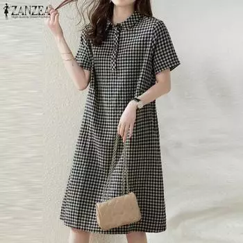 ZANZEA Женское повседневное свободное прямое платье в клетку с коротким рукавом и воротником-рубашкой S вино красного
