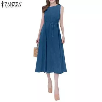 ZANZEA Женское повседневное свободное синее джинсовое платье без рукавов с круглым вырезом