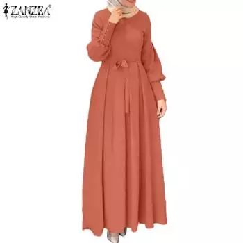 ZANZEA Женское повседневное свободное весеннее платье с круглым вырезом и длинными рукавами