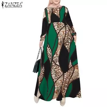 ZANZEA Женское повседневное свободное винтажное платье с круглым вырезом и длинными рукавами