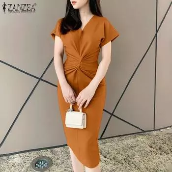 ZANZEA Женское повседневное тонкое летнее платье с коротким рукавом и v-образным вырезом