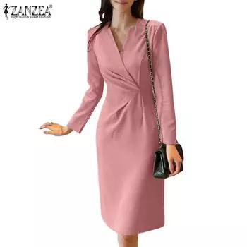 ZANZEA Женское повседневное тонкое платье-футляр с длинным рукавом и v-образным вырезом
