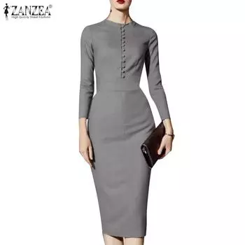 ZANZEA Женское повседневное тонкое платье с воротником-стойкой и рукавом девять четвертей 4XL чёрный