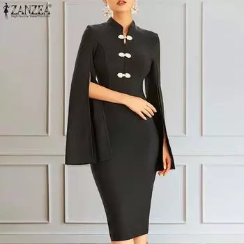 ZANZEA Женское повседневное тонкое платье с круглым вырезом и длинными рукавами