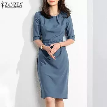ZANZEA Женское повседневное тонкое платье с круглым вырезом и короткими рукавами