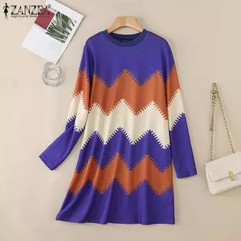 ZANZEA Женское повседневное трикотажное платье с круглым вырезом и длинными рукавами S фиолетовый