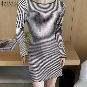 ZANZEA Женское повседневное трикотажное платье в полоску с круглым вырезом и длинными рукавами S чёрный