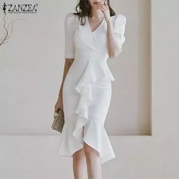 ZANZEA женское повседневное утягивающее платье-карандаш миди с v-образным вырезом и рюшами и рукавами-русалкой ZANZEA
