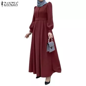 ZANZEA Женское повседневное весеннее длинное платье с круглым вырезом и длинными рукавами