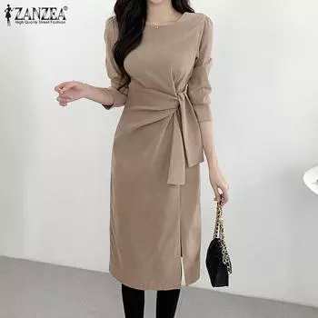 ZANZEA Женское повседневное весеннее тонкое платье с круглым вырезом и длинными рукавами