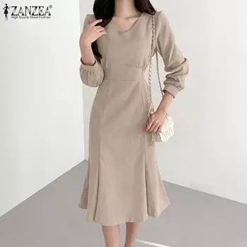 ZANZEA Женское повседневное весеннее тонкое платье с круглым вырезом и длинными рукавами