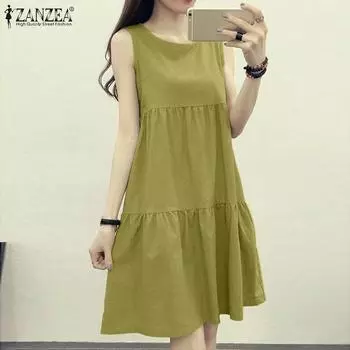 ZANZEA Женское повседневное винтажное однотонное платье-майка с круглым вырезом и трапециевидной формы L тёмно-синий