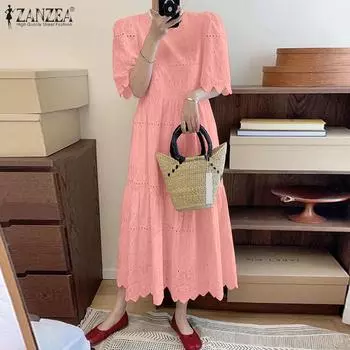 ZANZEA Женское праздничное летнее повседневное кружевное вязанное крючком пэчворк платье с коротким рукавом S розовый