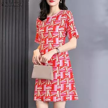 ZANZEA Женское праздничное повседневное платье с круглым вырезом и короткими рукавами с принтом 4XL розовый