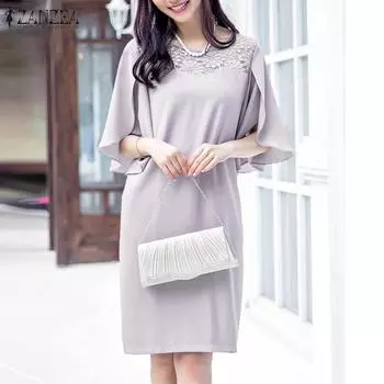 ZANZEA женское прямое однотонное свободное платье с круглым вырезом и рукавом 1/2, кружевное S серый