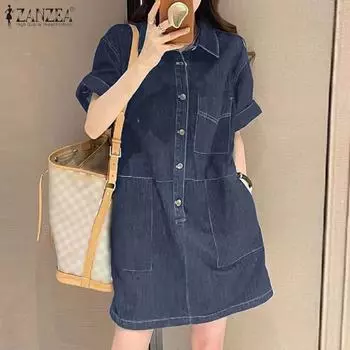 ZANZEA женское прямое однотонное свободное платье с воротником рубашки с короткими рукавами и карманами на пуговицах S чёрный