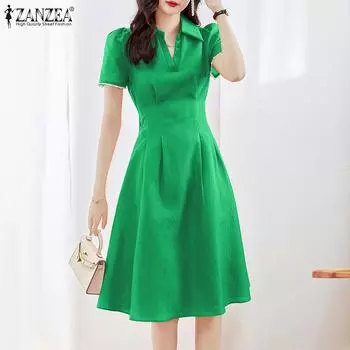 ZANZEA Женское пышное элегантное плиссированное платье миди с короткими рукавами