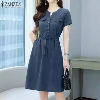 ZANZEA женское ретро повседневное синее джинсовое платье миди с короткими рукавами и v-образным вырезом S