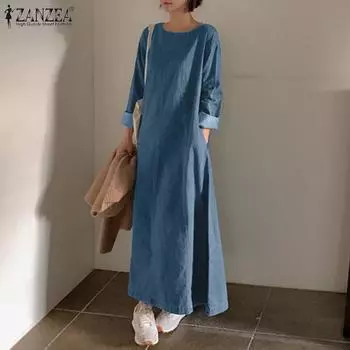 ZANZEA женское свободное длинное платье в стиле ретро синего джинсового цвета с длинным рукавом и круглым вырезом S темно-синий